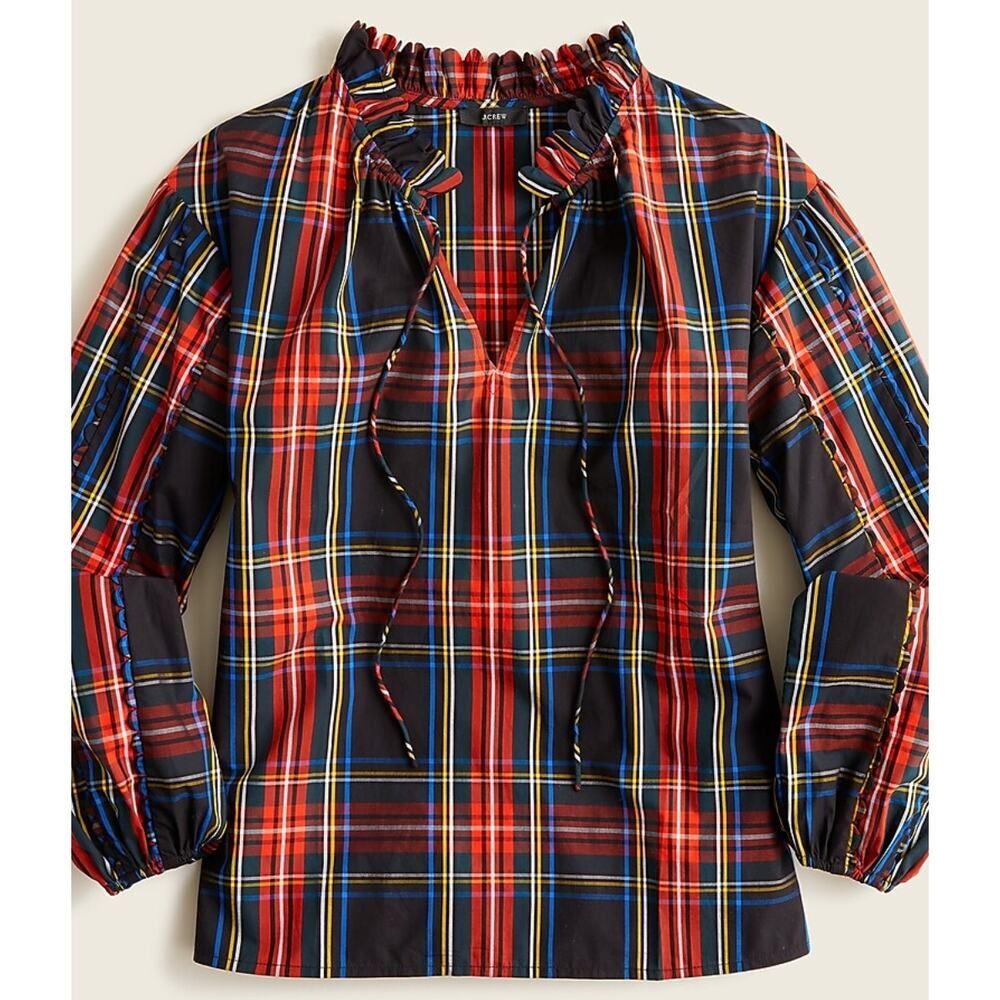 NWT J. Crew Scalloped Tie Neck Top in Stewart Tartan Plaid Sz XS Holiday Preppy